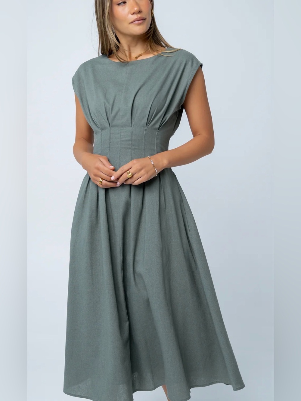 NWT Bohme Matilda Pleated Midi Dress in Olive